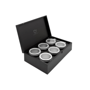 bamboe theedoos 6 vakken zwart met 6 ronde theeblikken