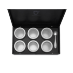 bamboe theedoos 6 vakken zwart met 6 ronde theeblikken boven